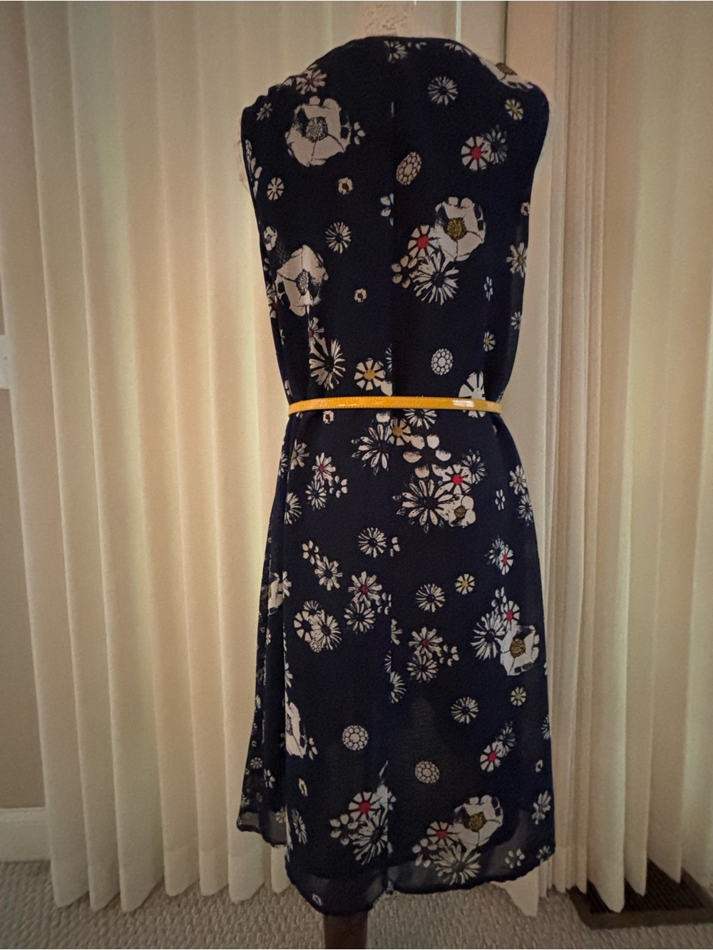 Jason Wu Navy Floral Belted Sleeveless Dress
